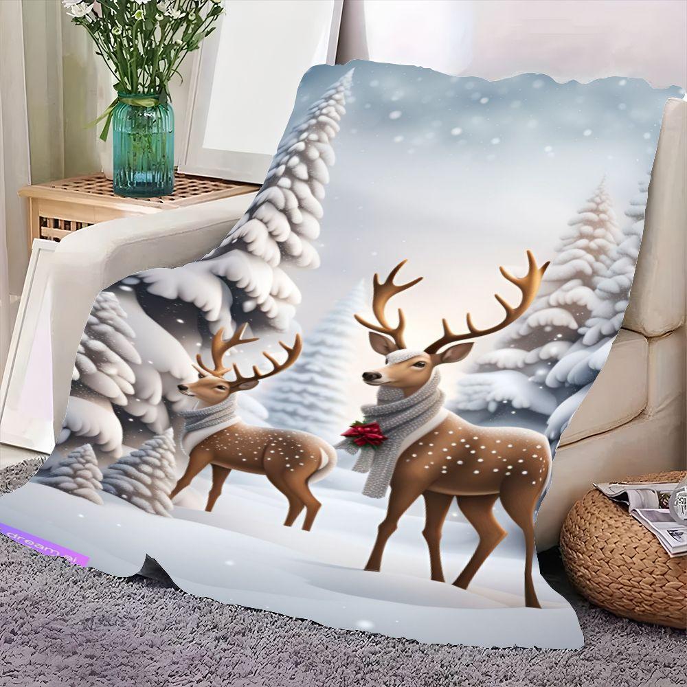 Winter Wonderland Hert Knusse Fleece Deken - Zacht Sneeuwachtig Bosontwerp met Schattige Bruine Herten met Grijze Sjaals - Perfect vo
