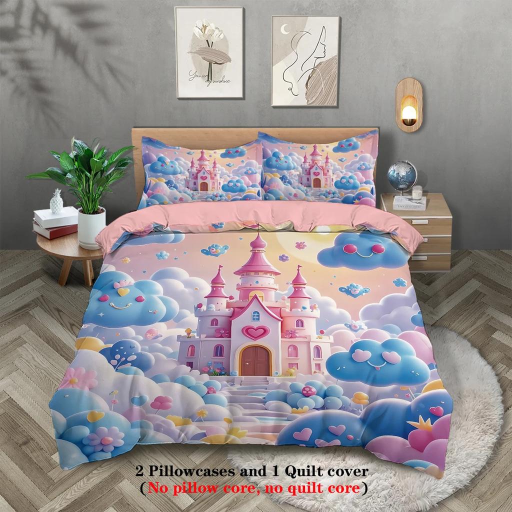 Pink Castle In The Sky Pattern Print Duvet Cover Set Softcomfortable and Breathablefor BedroomHotelBest Gift for Girls