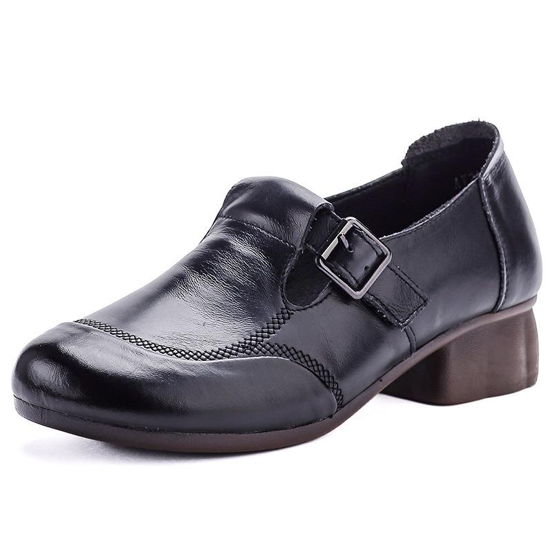 Spring and Autumn Women's Leather Shoes Single Shoes Retro Medium Heel Soft Sole Leather Shoes Versatile Leather Casual Mom Shoes