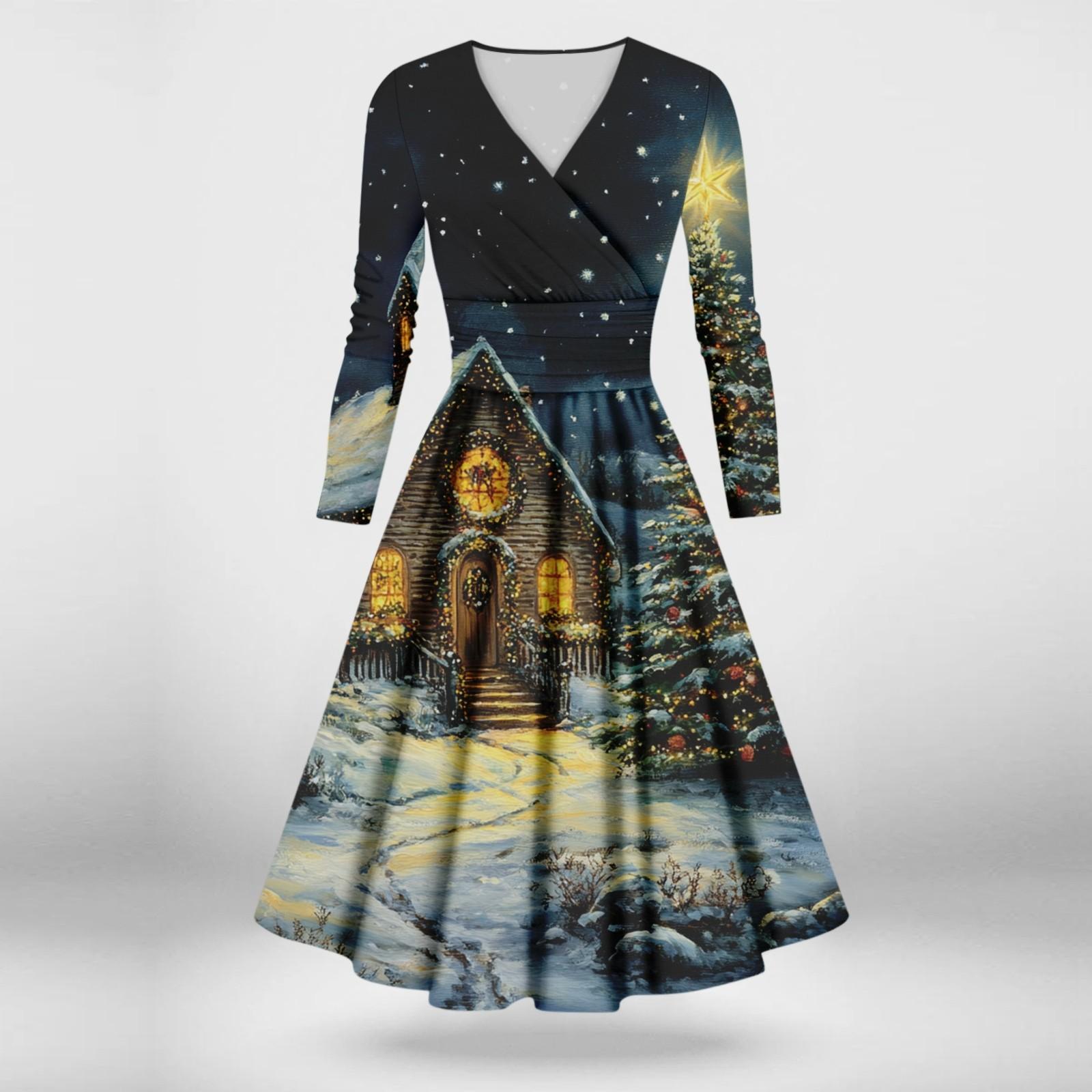 

Женское повседневное и модное сексуальное платье с v-образным вырезом и длинными рукавами с рождественским принтом XXL