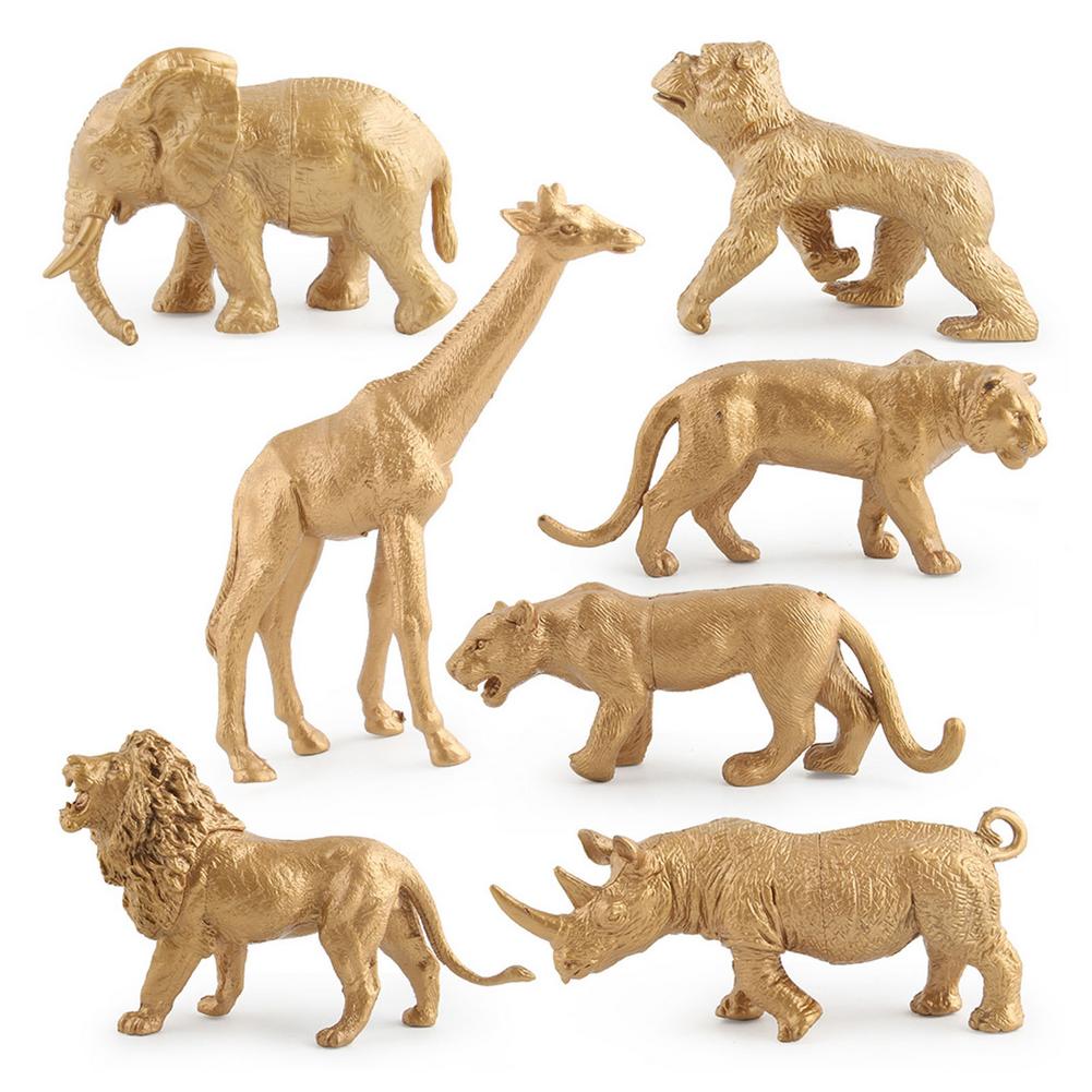 7pcs Gold Version Simulation Animal Model Wildlife Zoo Park Fake Lion Giraffe Elephant Ornament For Kids Xmas Gift Forest Toys