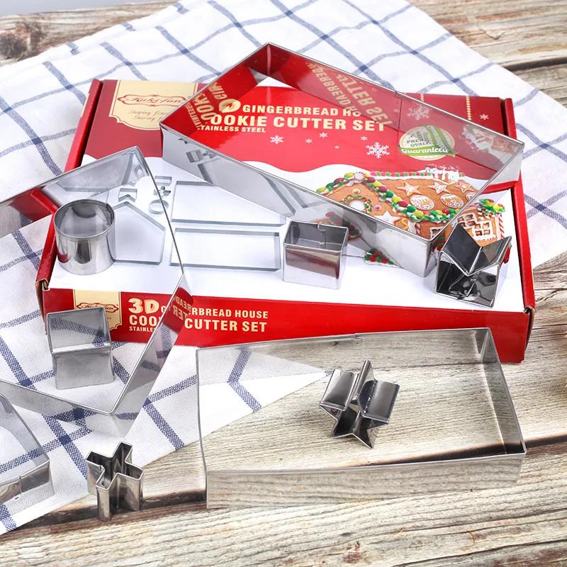 3D Christmas Gingerbread House Set Baking Mold Kitchen Stainless Steel Biscuit Mould Cookie Cutters Kids Diy Baking Pastry Tool