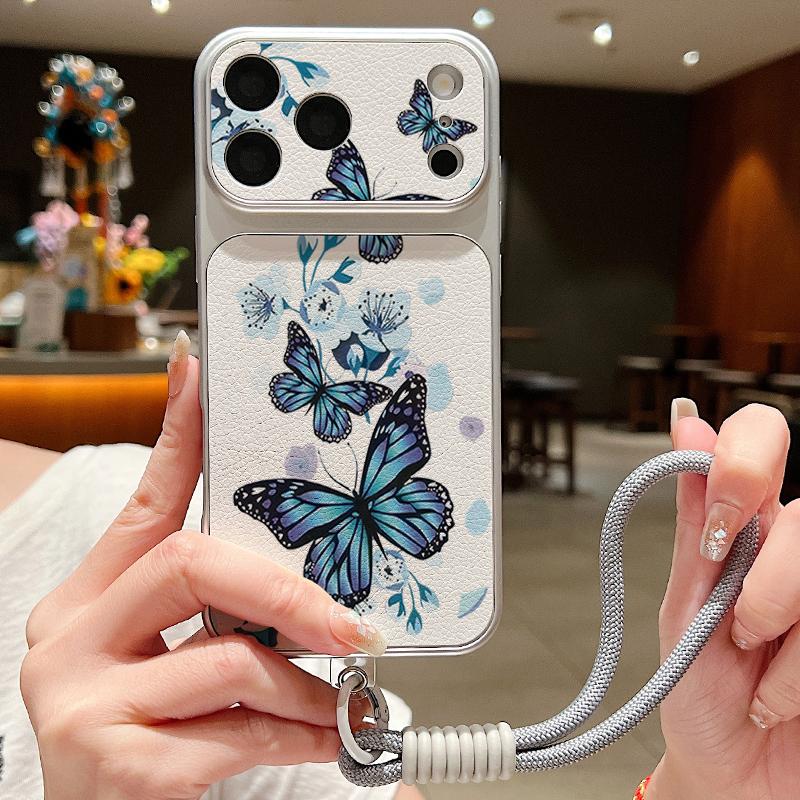 Glowing Tree Butterfly Leather Lanyard Case For iPhone 18 Pro Max Hybrid TPU+PU Anti-skid Soft Cover For iPhone 17 16 15 14 13 Pro Max