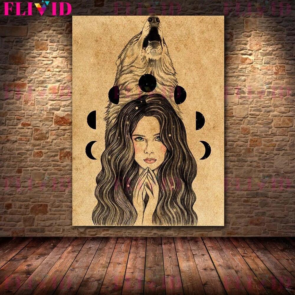 Wolf Woman And And Moon Wicca Vintage Wall Art Canvas Painting Daughters Of The Moon Art Poster And Print Home Decor No Frame