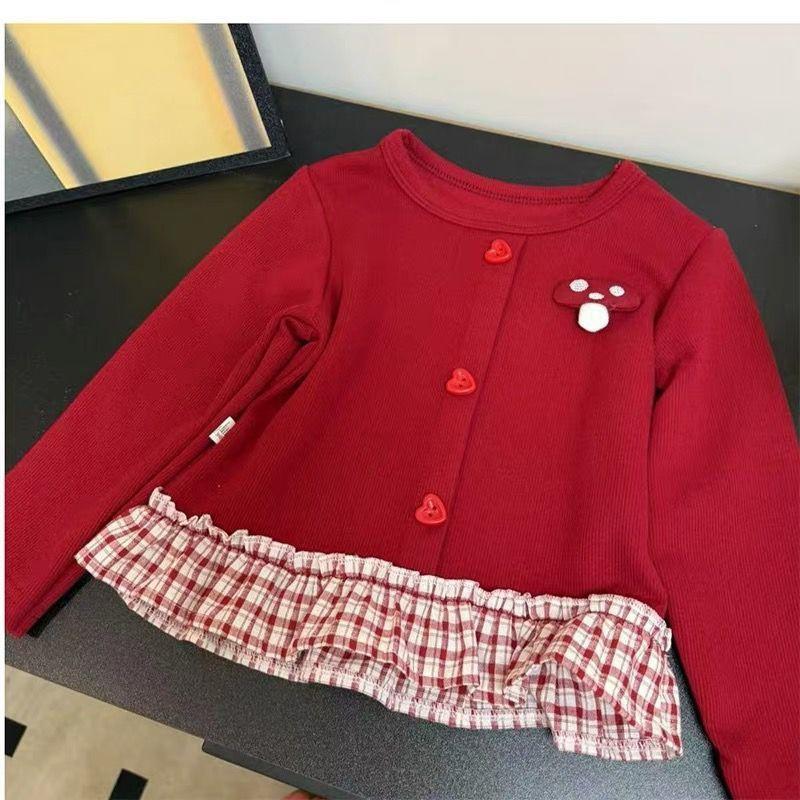 Girls Long Sleeve T-Shirt Winter Warm Cotton Blend Top With Lace Trim 3D Letter Print Red Base Layer