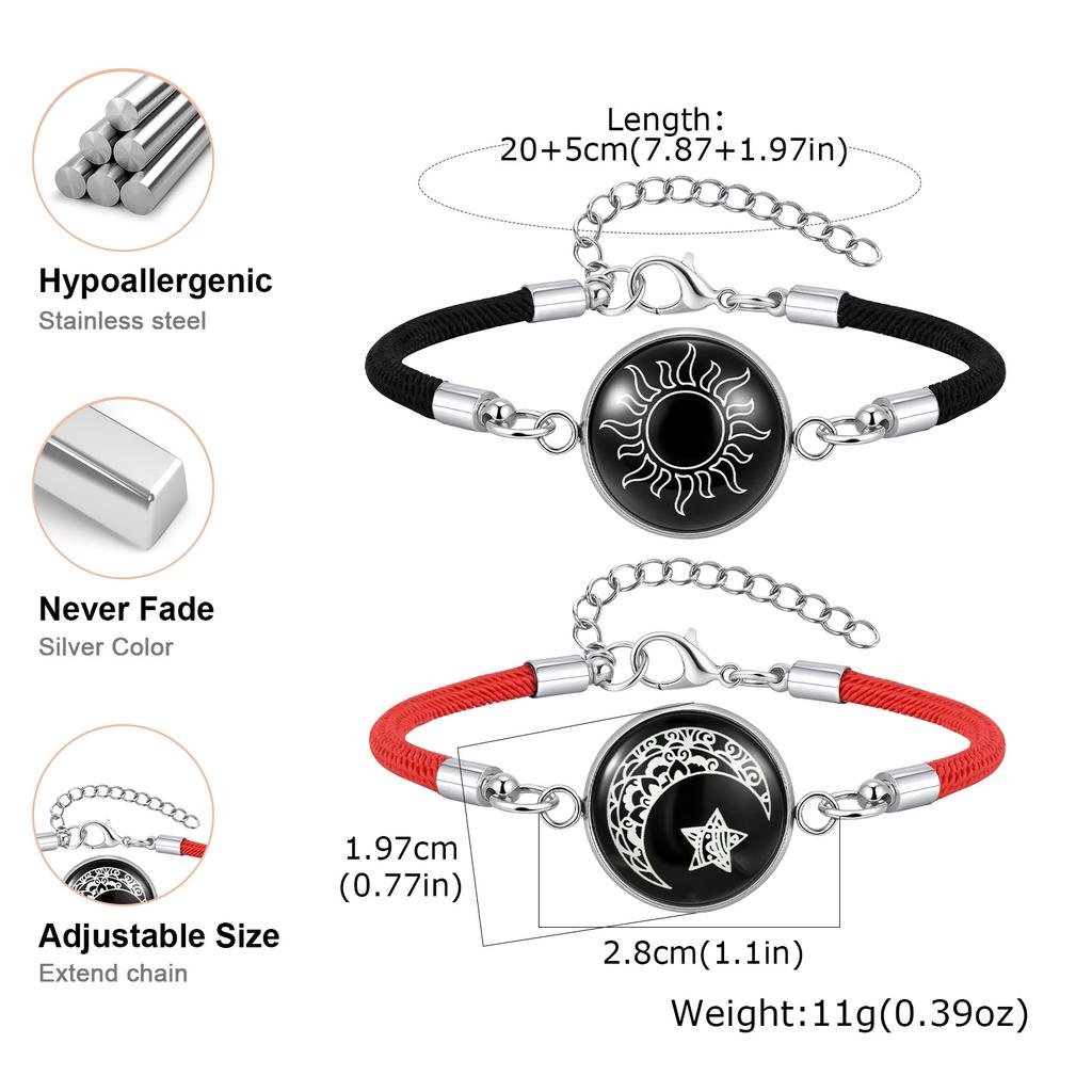 Vnox 2pcs Braided Rope Chain Bracelets For Lovers, Metal Sun Moon Star Round Accessory, Fashion Jewelry Girlfriend Couple Gift