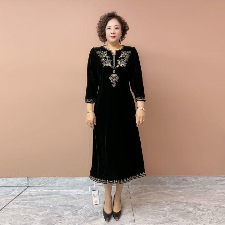 High-end Women s Embroidered Velvet Dress Loose Round Neck Plus-size Long Dress Spring Autumn XL чёрный