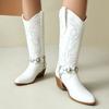 Embroidery Western Boots Women's Mid Calf Cowboy Boots Belt Buckle Chain Decor Shoes Comfy Med Heels Footwear