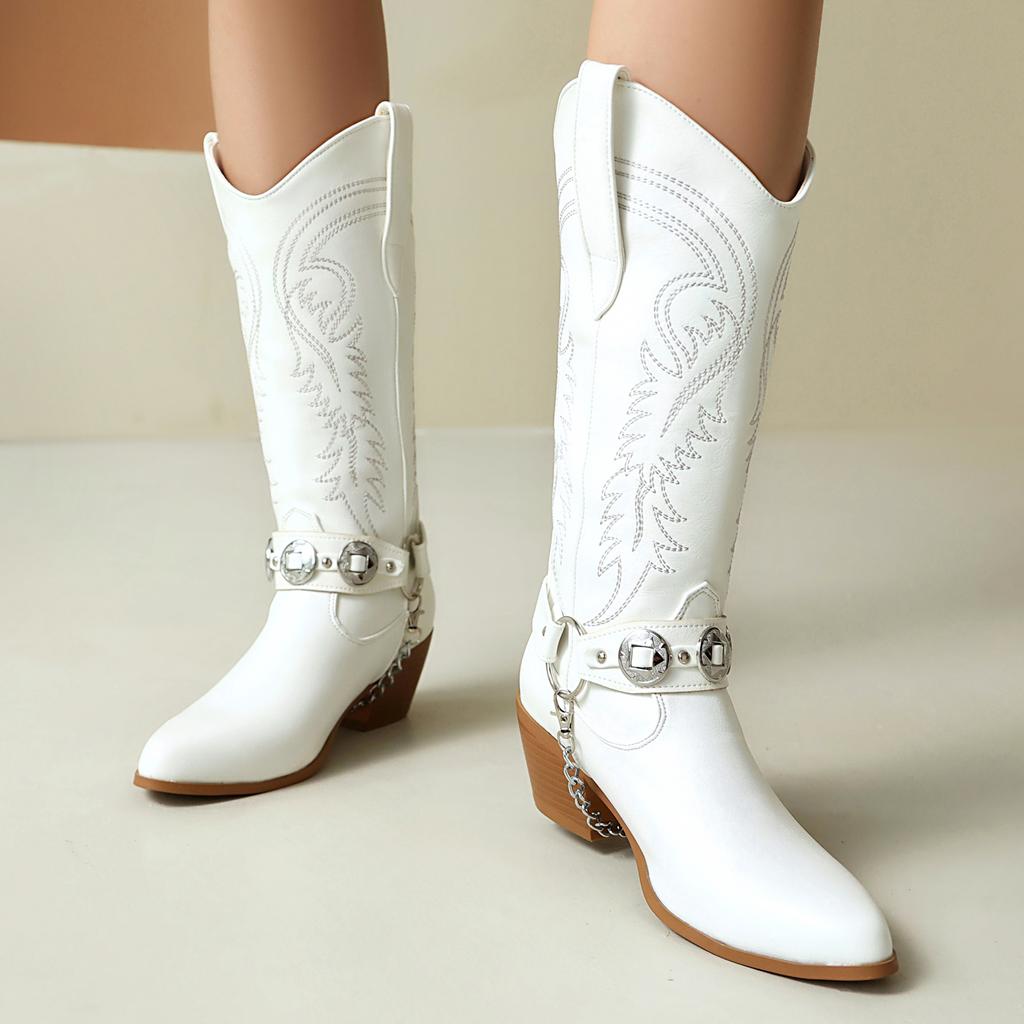 Embroidery Western Boots Women's Mid Calf Cowboy Boots Belt Buckle Chain Decor Shoes Comfy Med Heels Footwear