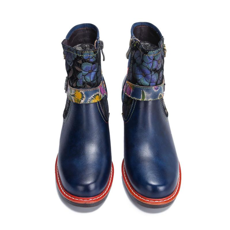 Johnature Vintage Floral High Heeled Women's Boots Genuine Leather Shoes Hand-painted Belt Buckle Fashion Short Boots