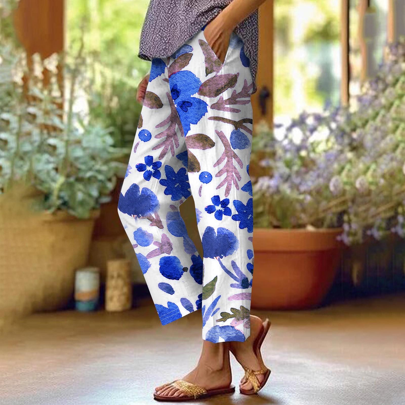 

Женские хлопковые льняные брюки с принтом, летние широкие повседневные свободные брюки-палаццо с высокой талией и шнурком, брюки с карманами XXXXL синий