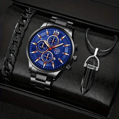 3pcs/set Fashion Men's Calendar Casual Stainless Steel Strap Quartz Wrist Watch & Bracelet Necklace Set, Best Gifts for Him
