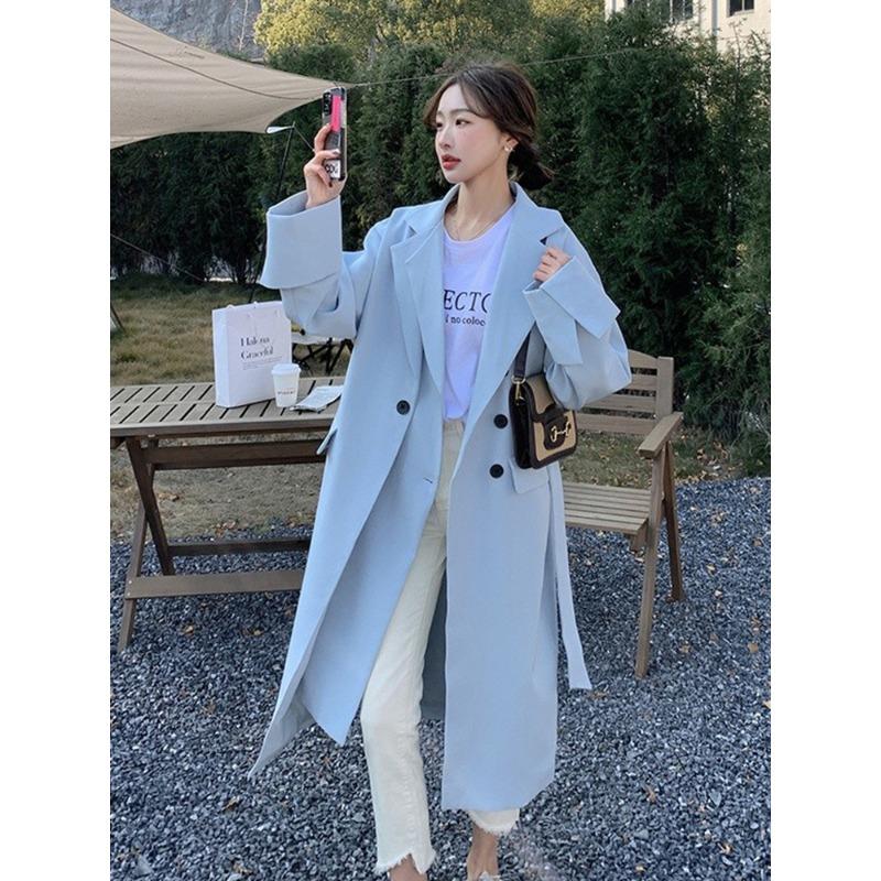 Smog Blue Windbreaker Jacket for Women Spring and Autumn New Korean Mid-length Ladylike Temperament Popular Coat