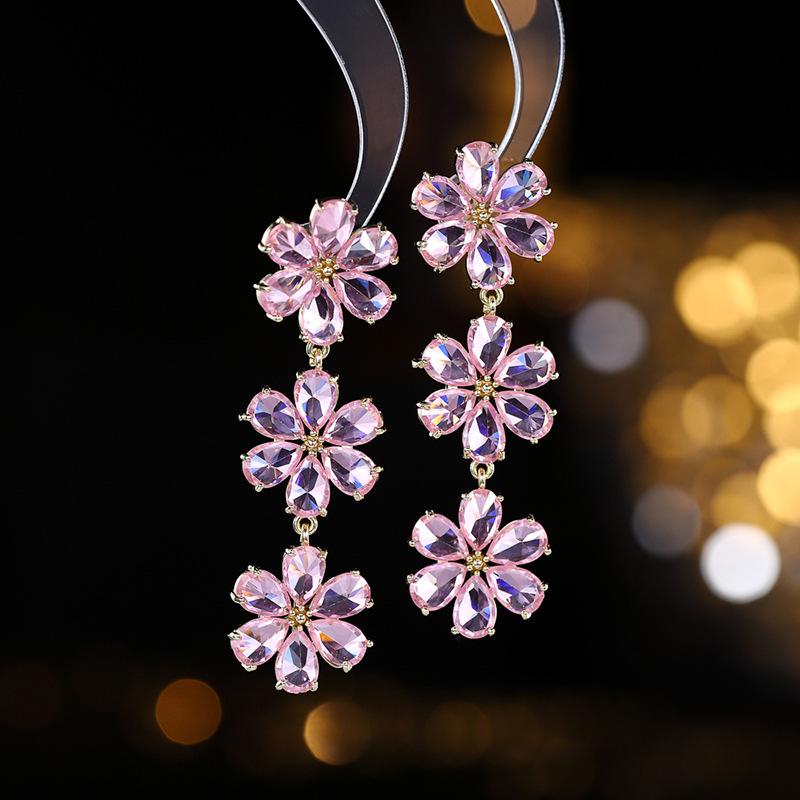 925 Silver Needle Flower Crystal Earrings, Korean Style High-End Zircon Studs, Sweet Dopamine Design for Women
