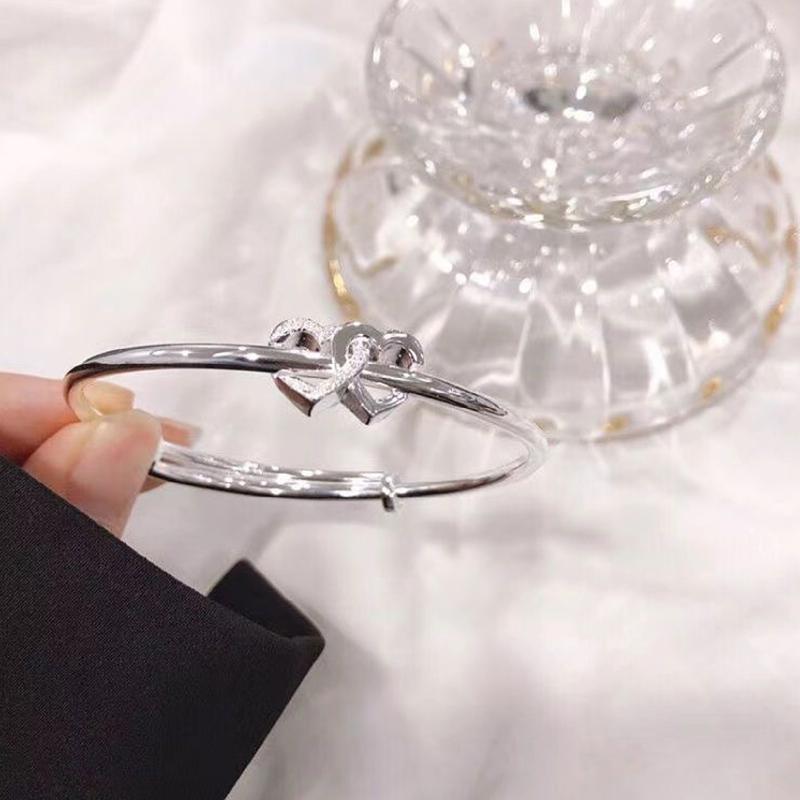 Double Heart Adjustable Bangle  Silver Color Personality Bracelet