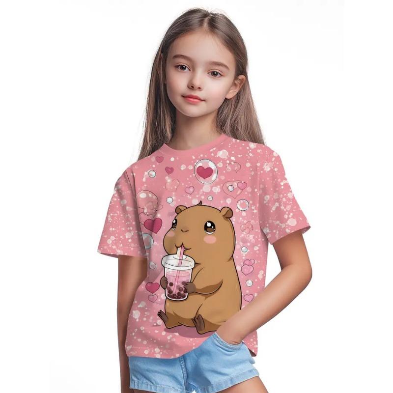 T-Shirts for Girls Fashion Capybara Children Clothes Summer Girls Clothes 7 To 8 Years Tops Cute Cartoon Print Tee Child T-Shirt