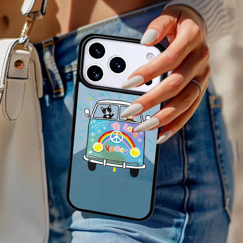 Hippy Peace Bus Cat Phone Case For iPhone 17 Air 14 15 13 12 Max Cover For Apple 14 15 16 16e 11 Pro Max Plus