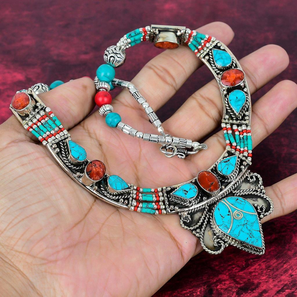 Blue Turquoise & Coral Handmade Gemstone Nepali Necklace, 925 Solid Sterling Silver Necklace, Adjustable Chain Necklace Engagement Gift