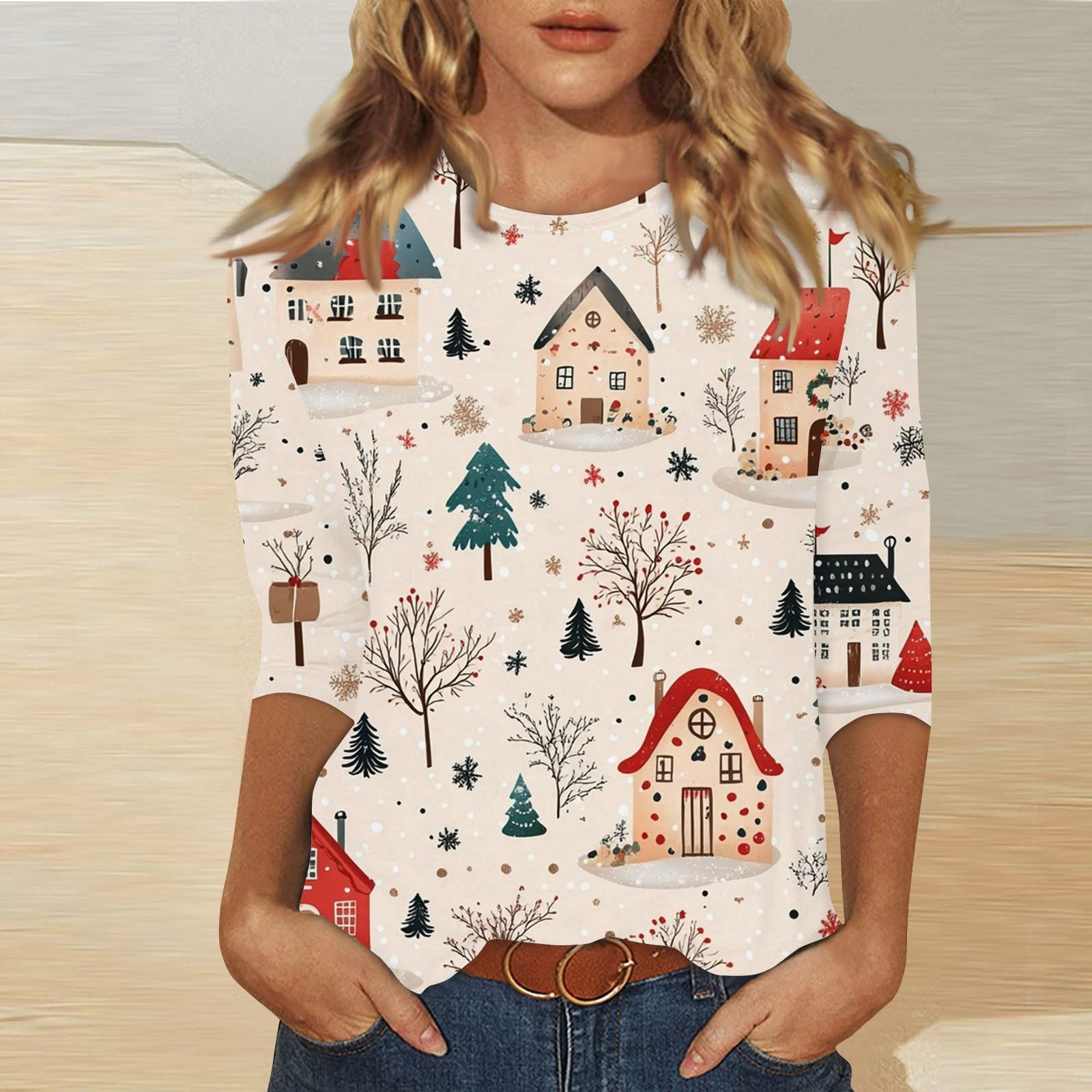 

Женская мода повседневная три четверти рукава рождественский принт круглый вырез пуловер топ XXXXXL бежевый