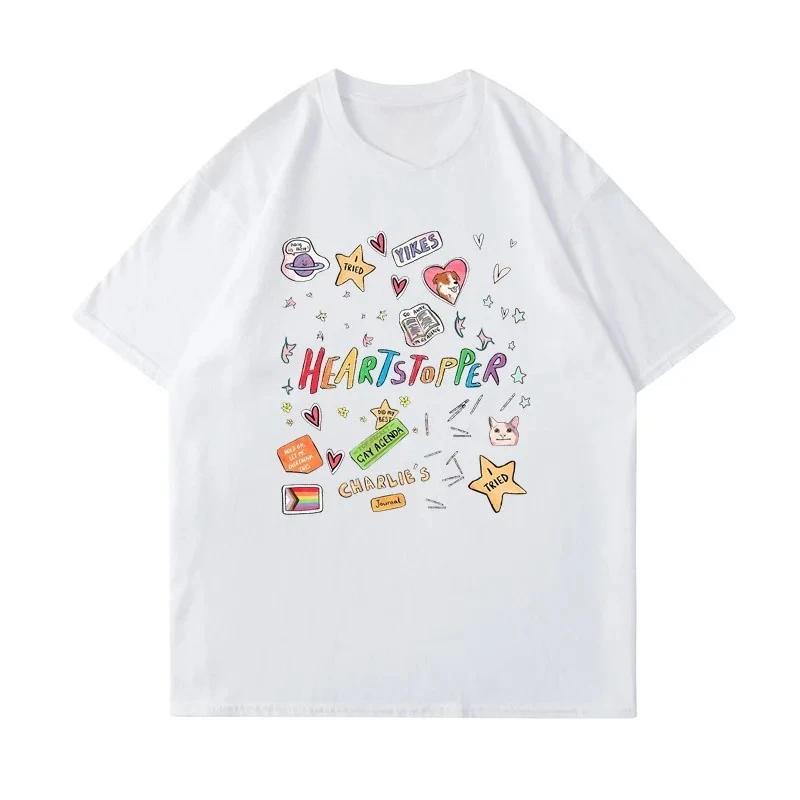 T-shirt Bianca Trendy Heartstopper con Fantasie Colorate e Testo Manica Corta T-shirt Uomo Donna Casual Vintage
