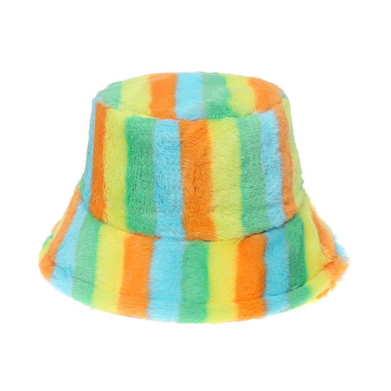 Japan and Korea casual fashion rabbit fur hat colorful striped basin hat warm bucket hat women's trend
