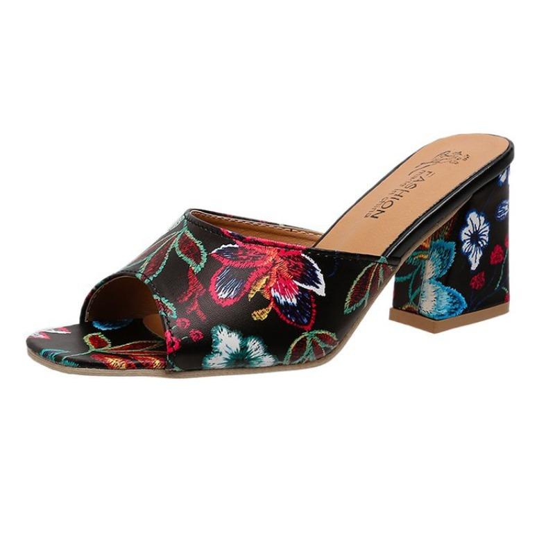 Women's Embroidered Peep Toe Square Heel Sandals, Single Strap Block Heel Plus Size Shoes