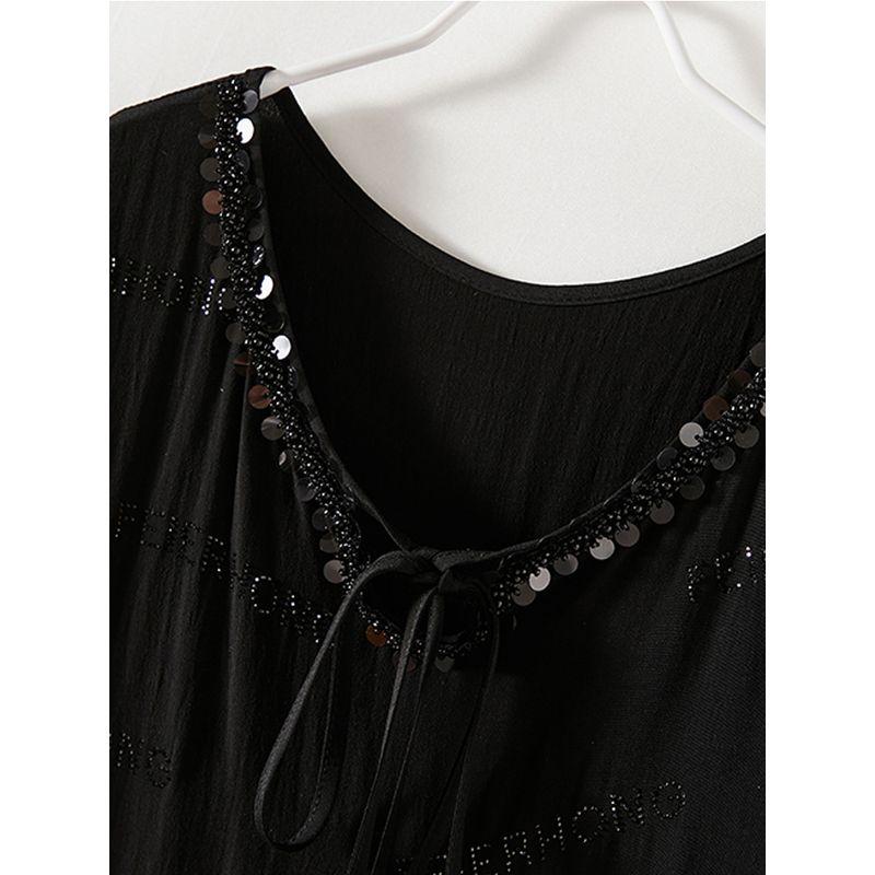 European Trendy Large Version Tops! Women's Washed Ramie Cotton Water Soluble Diamond Sequin Mixed Lace up Peter Pan Collar T-shirt Summer