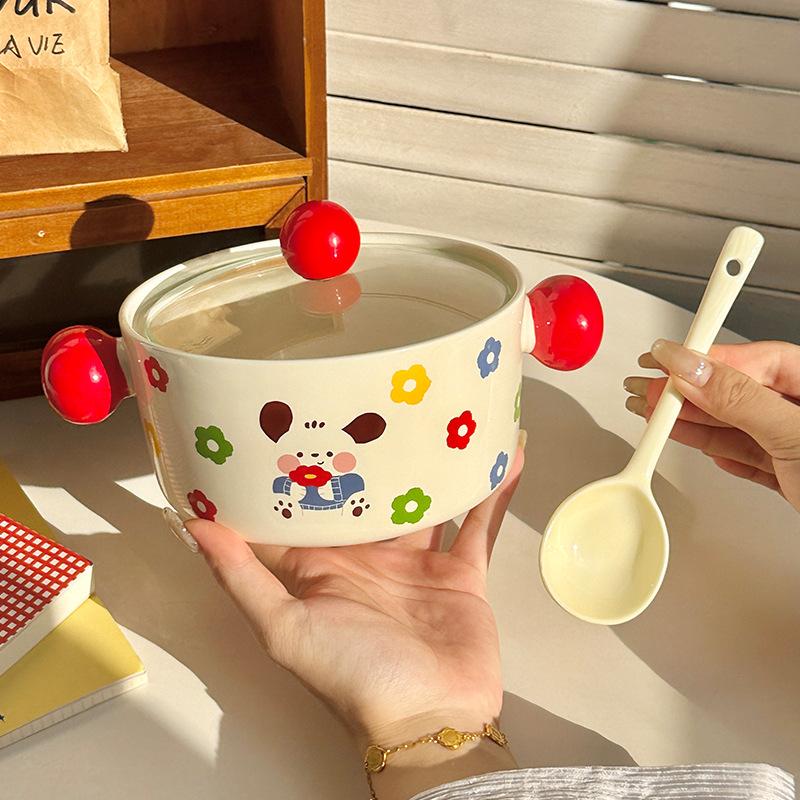 Ins Cream Wind Cute Cartoon Ceramic Binaural Instant Noodle Bowl Snail Powder Bowl Noodle Bowl Soup Bowl with Lid