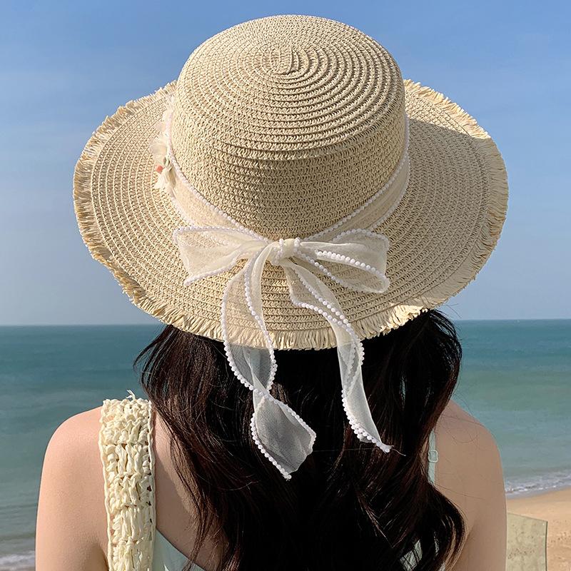 Women Summer Straw Hat Bowknot Ribbon Beach Sun Hat for Vacation Travel Seaside Photo Taking Sunscreen Visor Bucket Hat