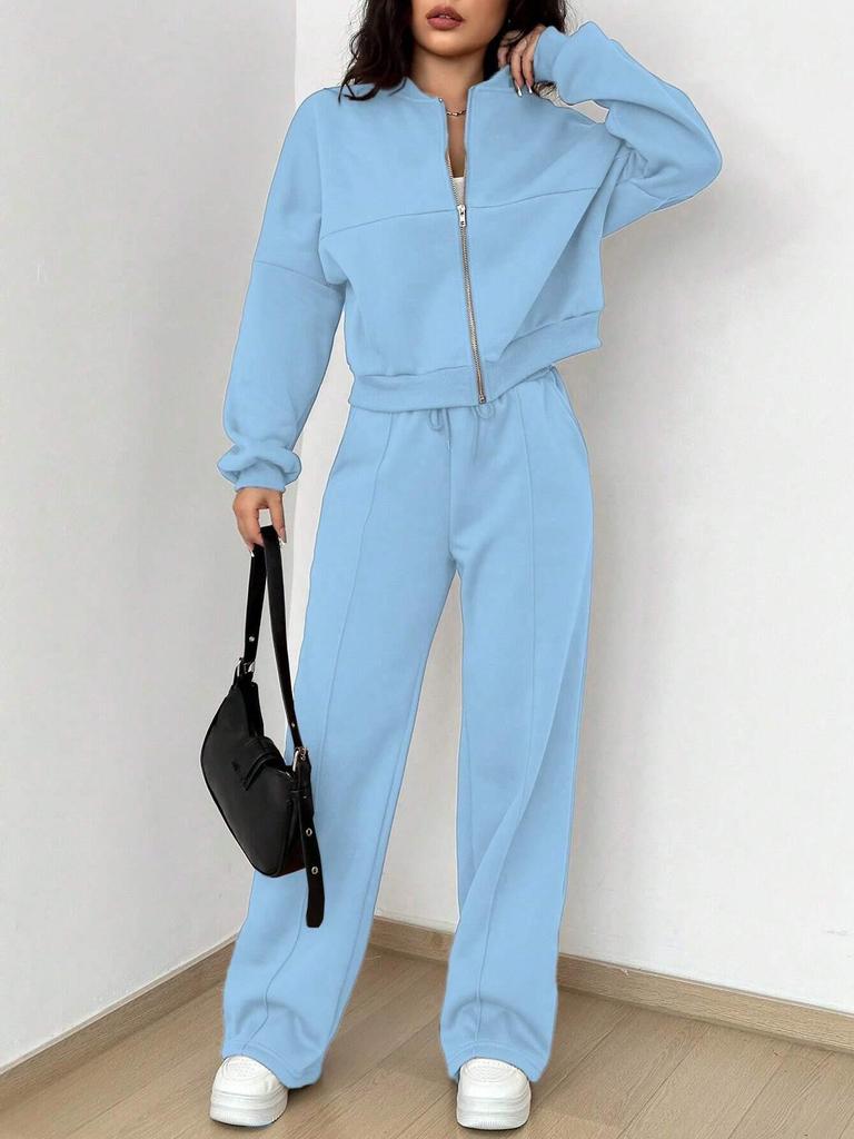 Women's Spring & Autumn Sweater Set: Trendy Zipper Cardigan & Trousers for Casual Fashion.