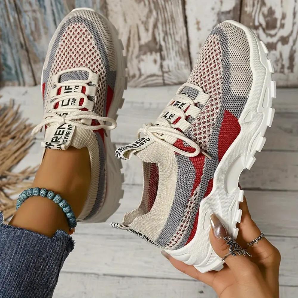 Women's Breathable Woven Sneakers - Lightweight Casual Platform Running Shoes Low-Top Lace-Up Desig Ladies Sneakers