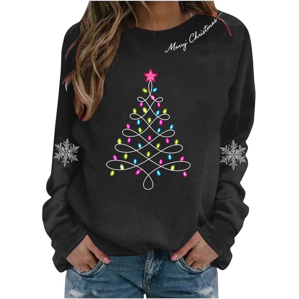Women's Stylish Casual Christmas Print Pullover Sweatshirt for Holiday Party and Everyday Wear