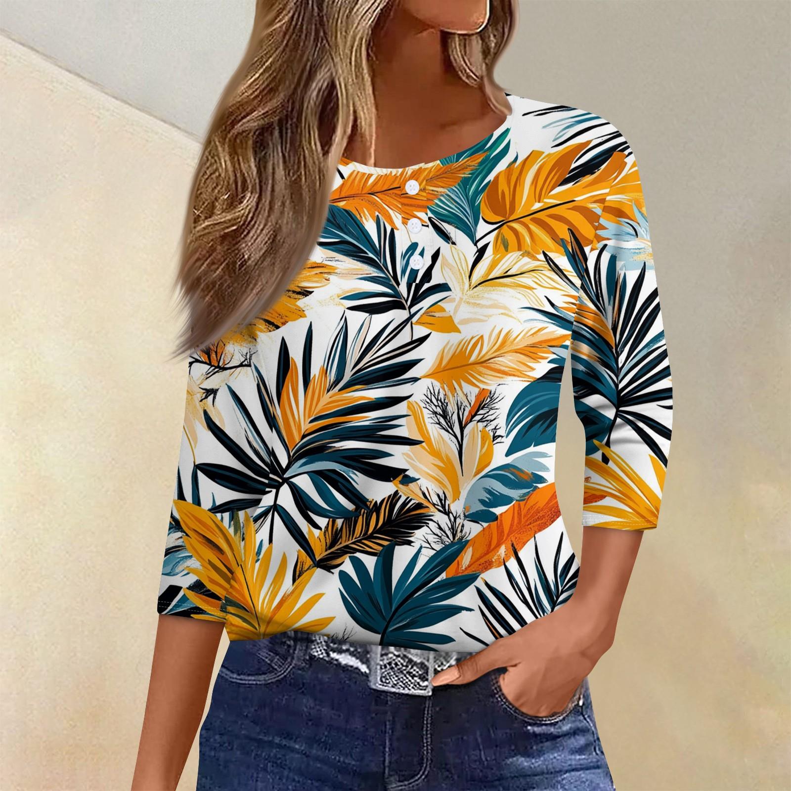 

Жен. Футболка Футболка С принтом Пуговицы Рукав 3/4Ежедневно Выходные Мода Классический Топ с v-образным вырезом Обычный L тёмно-синий