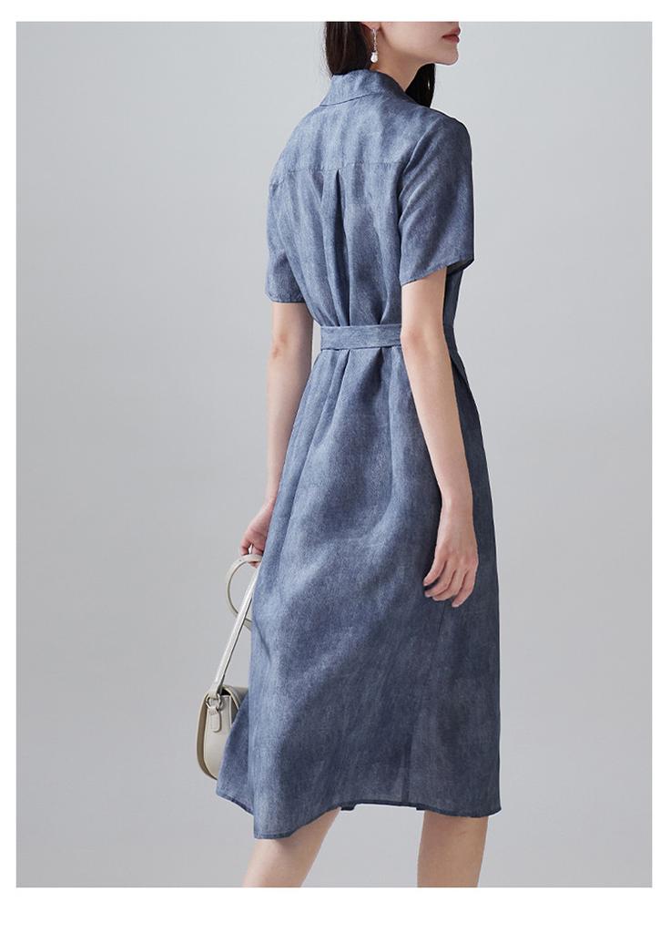 100% Mulberry Silk Printed Lace Up Shirt Dress, 2026 Summer Slimming Mid Length Silk Dress