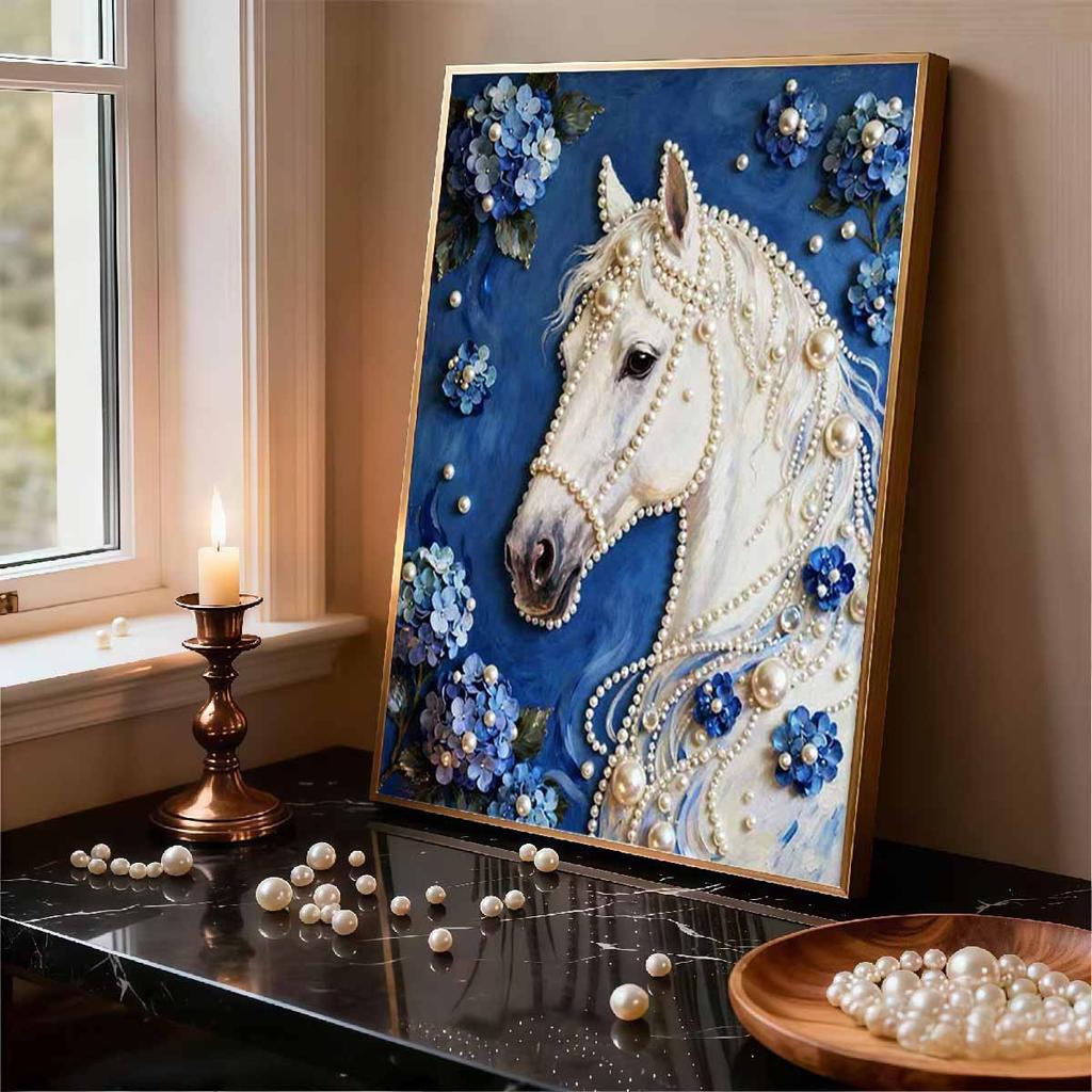 DIY White Horse Pearl Art Painting for Home Wall Decor Pearl Gem Paintings Picture Arts Craft  for Adults/Beginners Gift Idea Home Decor Without Frame
