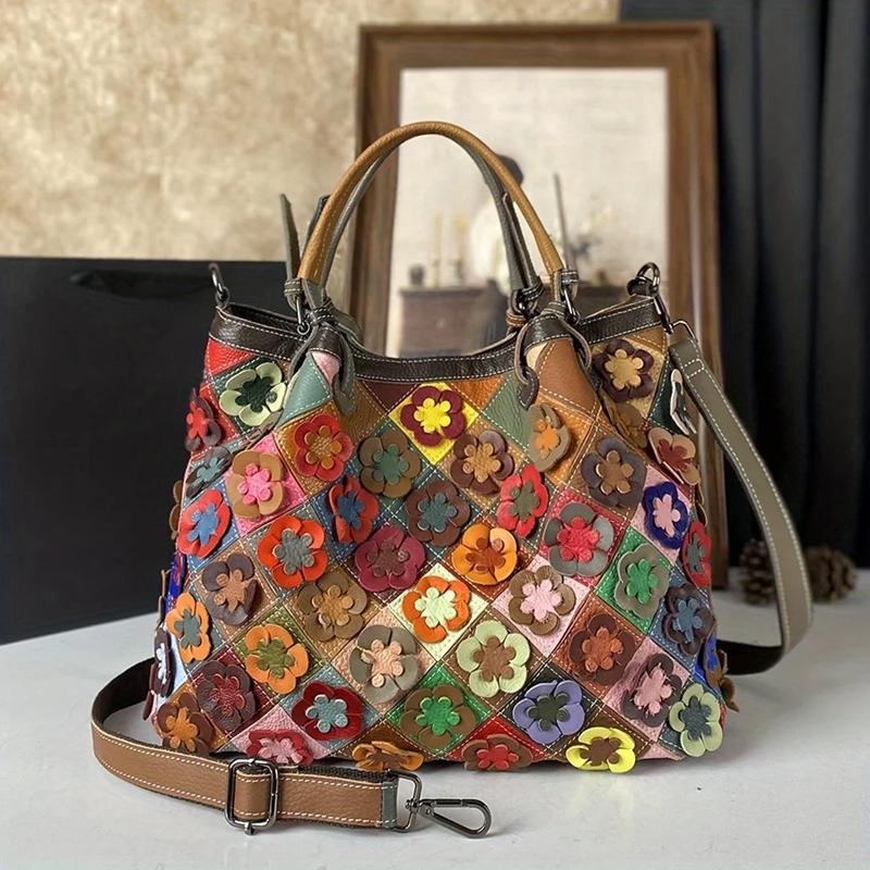 Genuine Leather Handmade Splicing Flower Women'S Crossbody Bag Random Color Scheme Cowhide Shell Bag Contrast Color Handbag