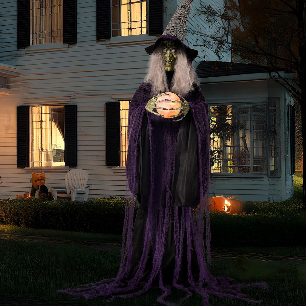 JOYFY 72" Halloween Witch with Crystal Animated Standing Ghost with Motion and Light for Indoor Haunted House Party Yard