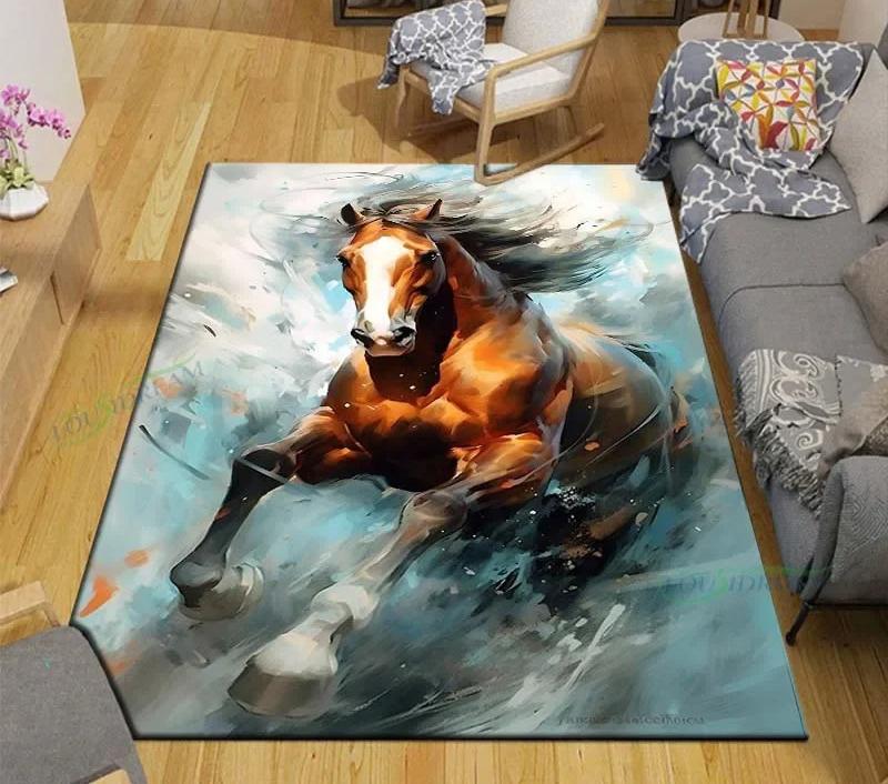 3D Fashion Exquisite Painted Galloping Horse Design Anti-Slip Area Rug for Living Room Kids' Bedroom Mat Large Decorative Carpet
