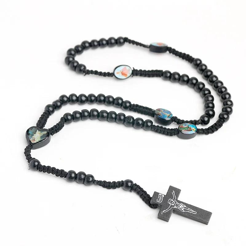 Wooden Beads Cord Rosary St Benedict Medal Jesus Cross Car Pendant Necklace Catholic Fashion Religious Jewelry Auto Decor