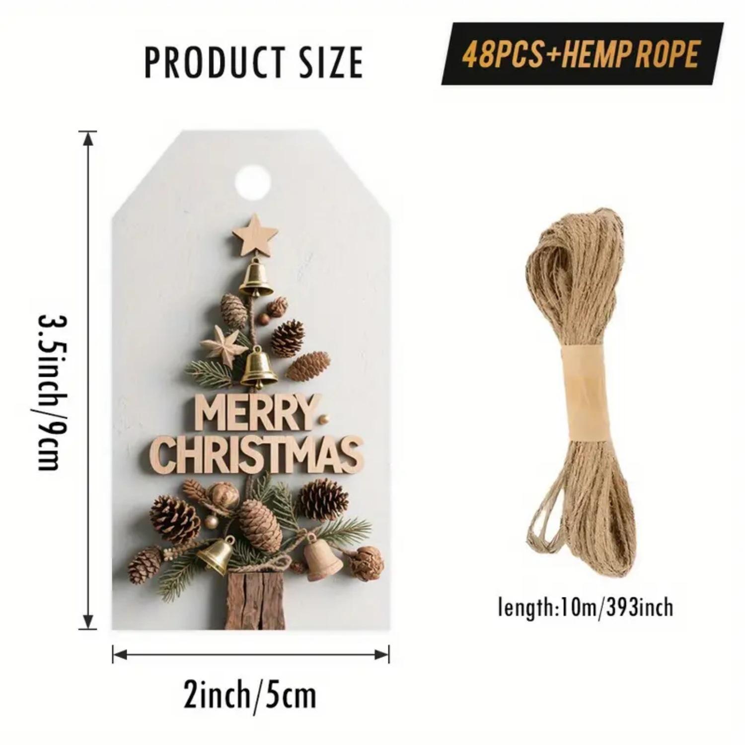 

48 шт. Рождественские подарочные бирки в деревенском стиле с пеньковой веревкой - Элегантная текстура под дерево и вырезы в виде шишек и колокольчиков, Счастливого Рождества Other
