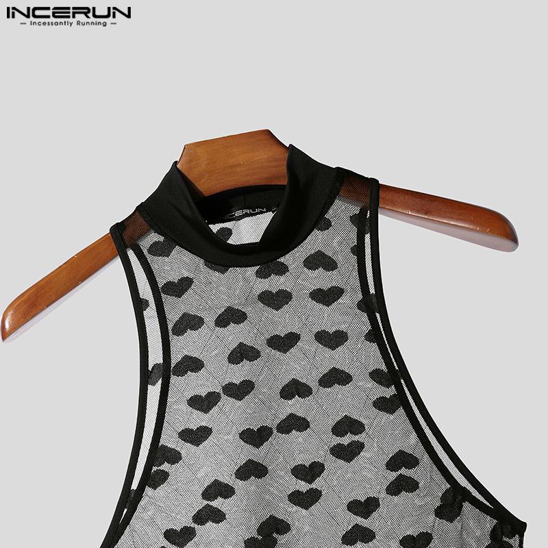 INCERUN Ανδρικά Κολάν Αμάνικα με Ψηλό Λαιμό Patchwork Διχτυωτά Διαφανή Εσώρουχα Ολόσωμες Φόρμες