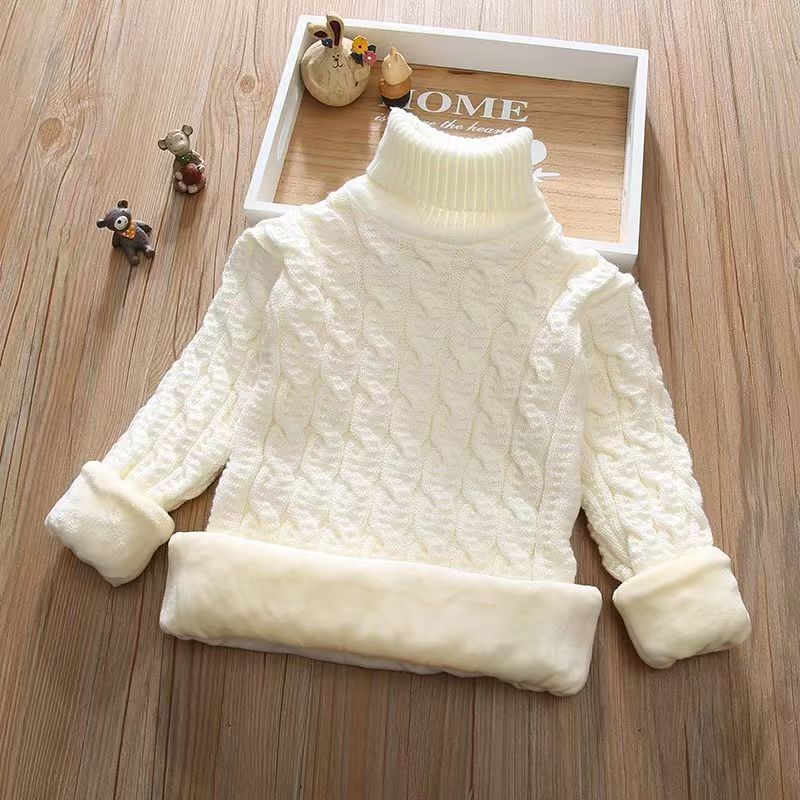 Boys and Girls Sweaters Plus Velvet and Thick Korean Style Knitted Fir Base Shirt Baby Children Round Neck High Collar Warm Sweater