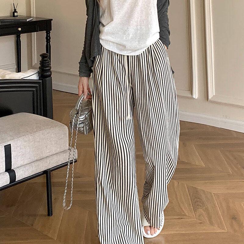 Women's Petite High Waist Black & White Striped Wide Leg Pants - Summer Casual Straight Leg