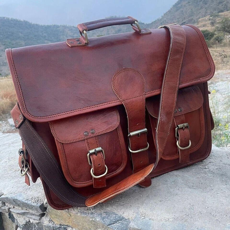 Men's Leather Messenger Satchel Shoulder Briefcase Business Bag Hand-Made