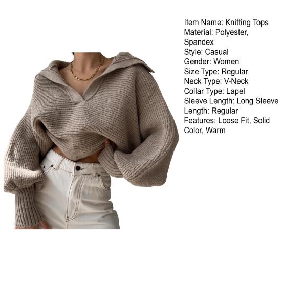 Women Knitting Tops Lapel V-Neck Long Sleeve Solid Color Sweater Loose Fit Warm Knitting Tops Knitwear