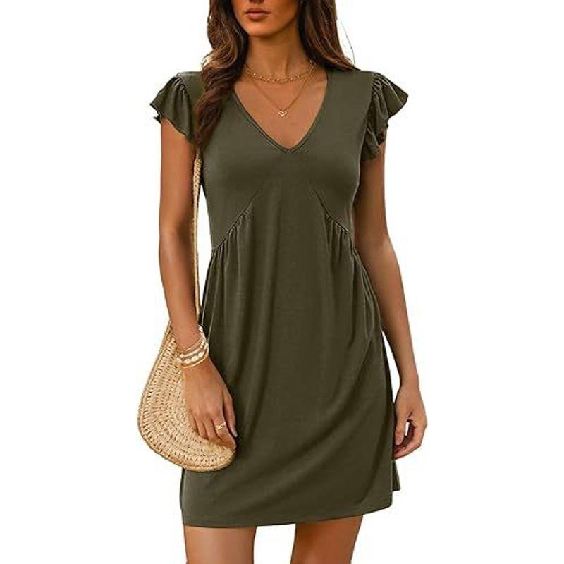 V-neck Flying Sleeve Solid Color Dress V-neck Ruffled Sleeve Pure Color Dress