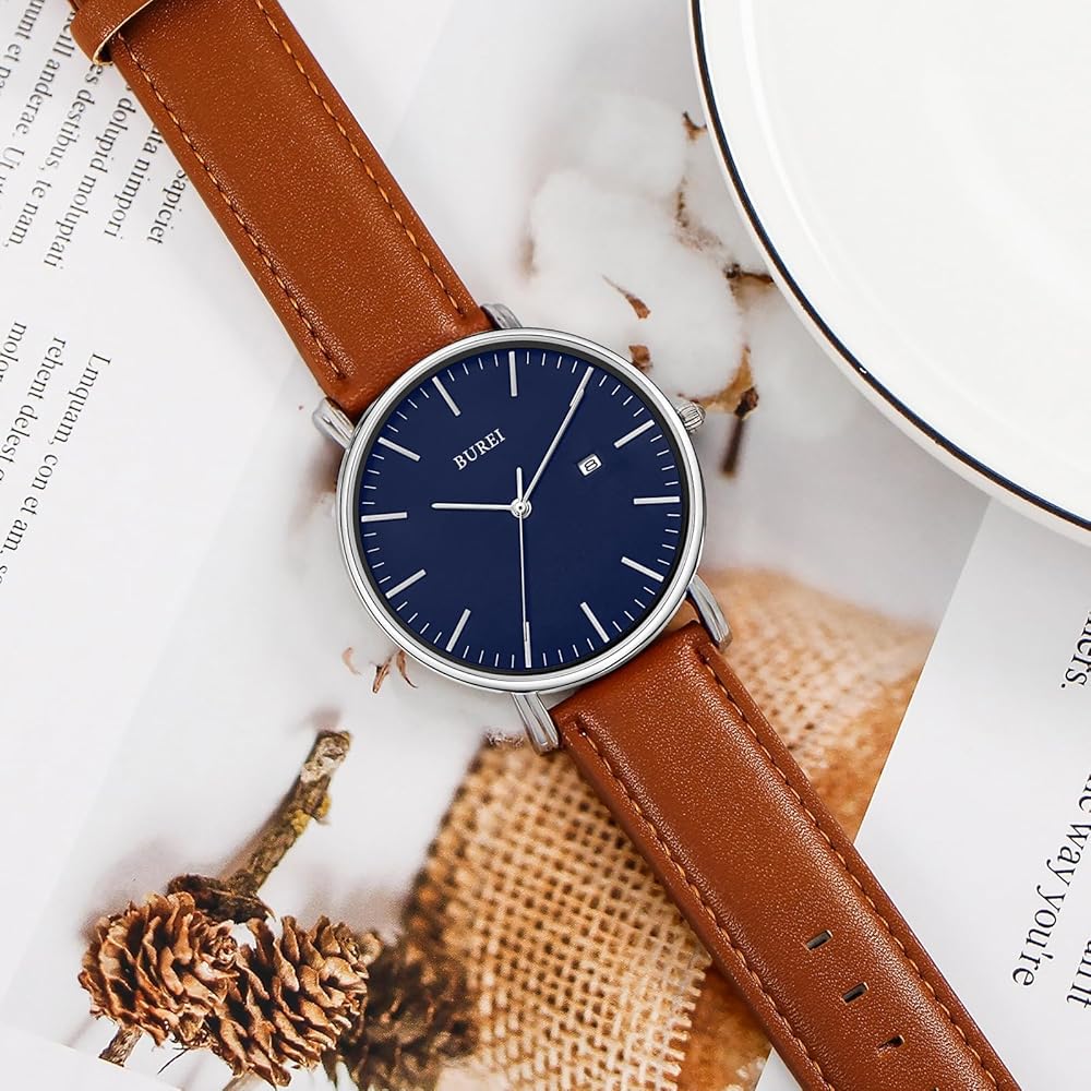 BUREI Men's Analog Watch Blue Brown Leather Waterproof Stylish Casual Timepiece