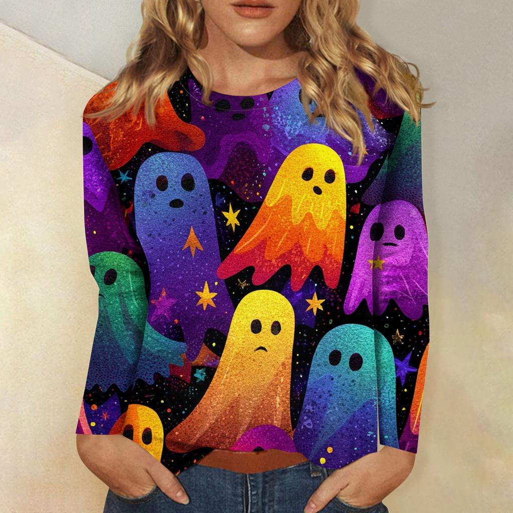 Women's long-sleeved loose-necked Halloween print casual top , suitable for holiday parties