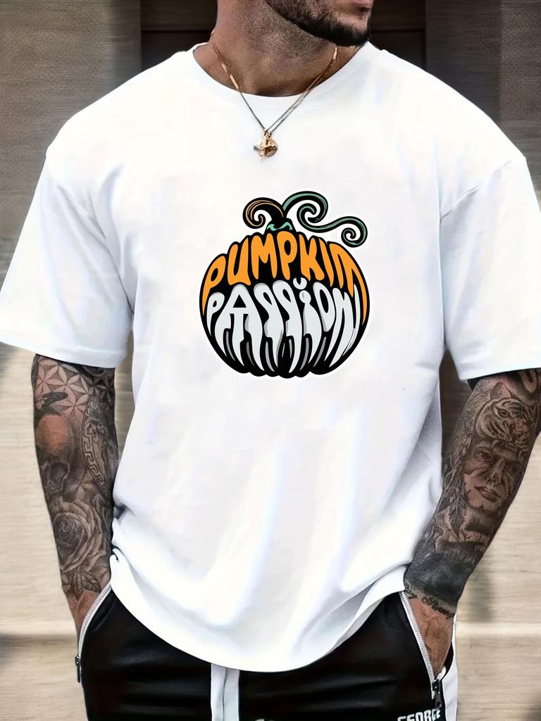 Mens Casual Tshirt Pumpkin Passion Print Short Sleeve Round Neck Breathable Soft Oversized Fun Daily Wear Tee