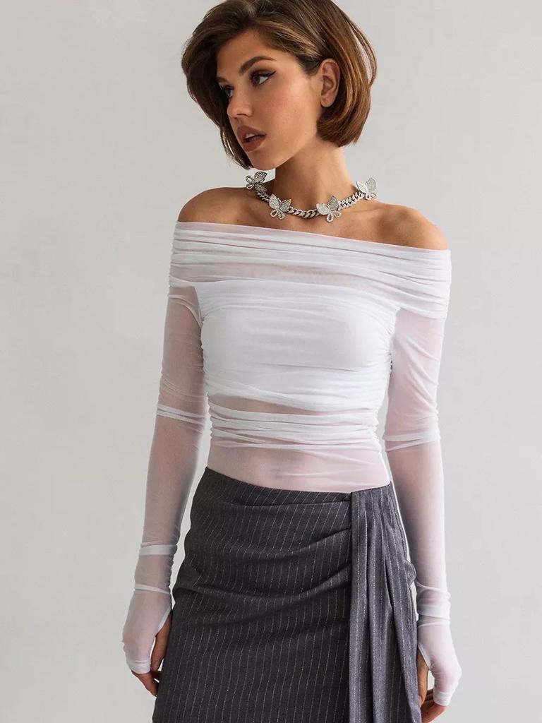 Tooxika Spring And Autumn Women's New Solid Color Slim Fashion One-shoulder Neck Mesh Long-sleeved Top